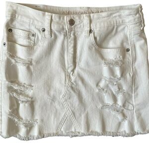 American Eagle Women's Distressed Stretch Raw Hem Denim Mini Skirt White Size 6